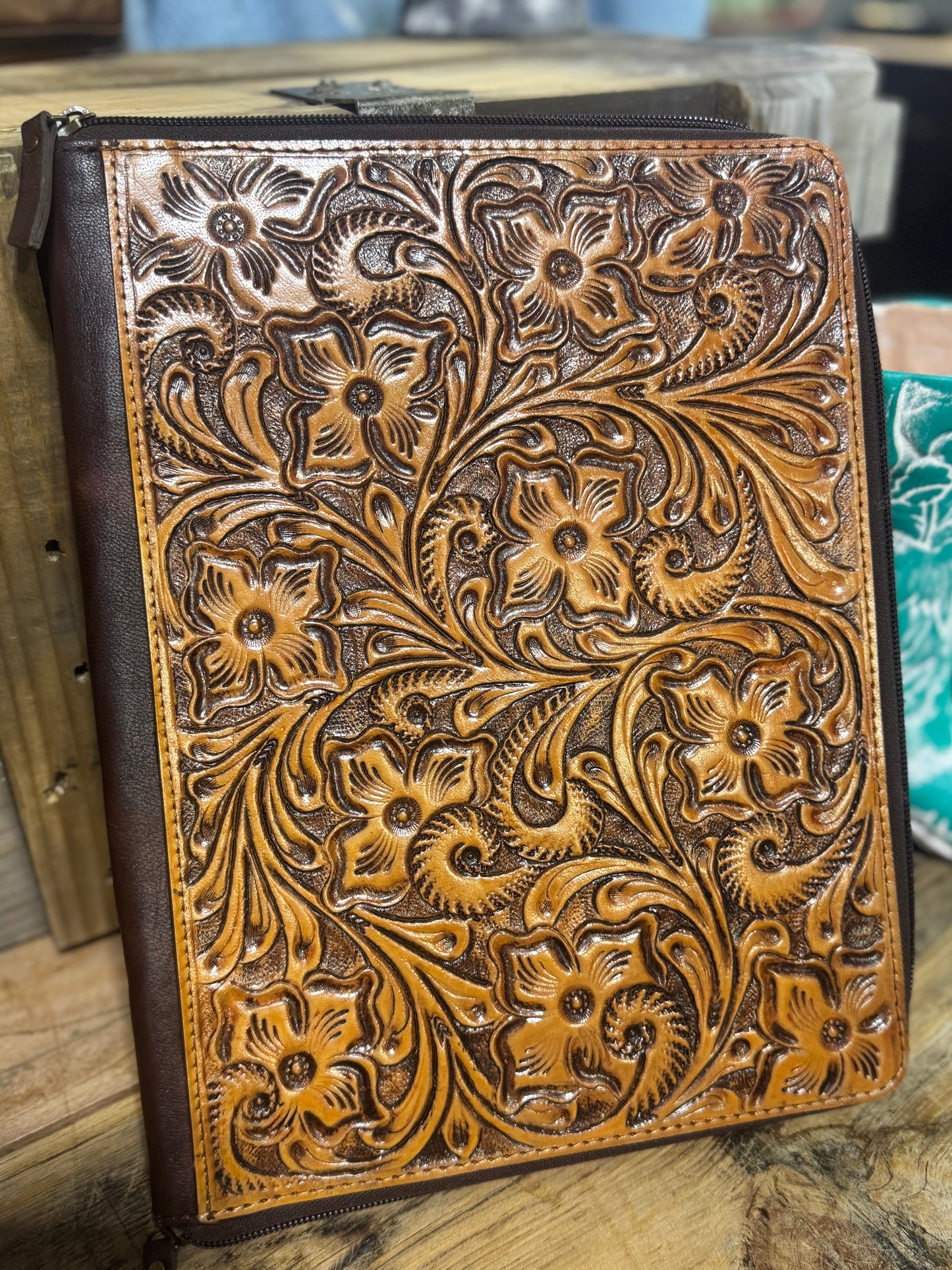 Tooled Leather Zipper Folder