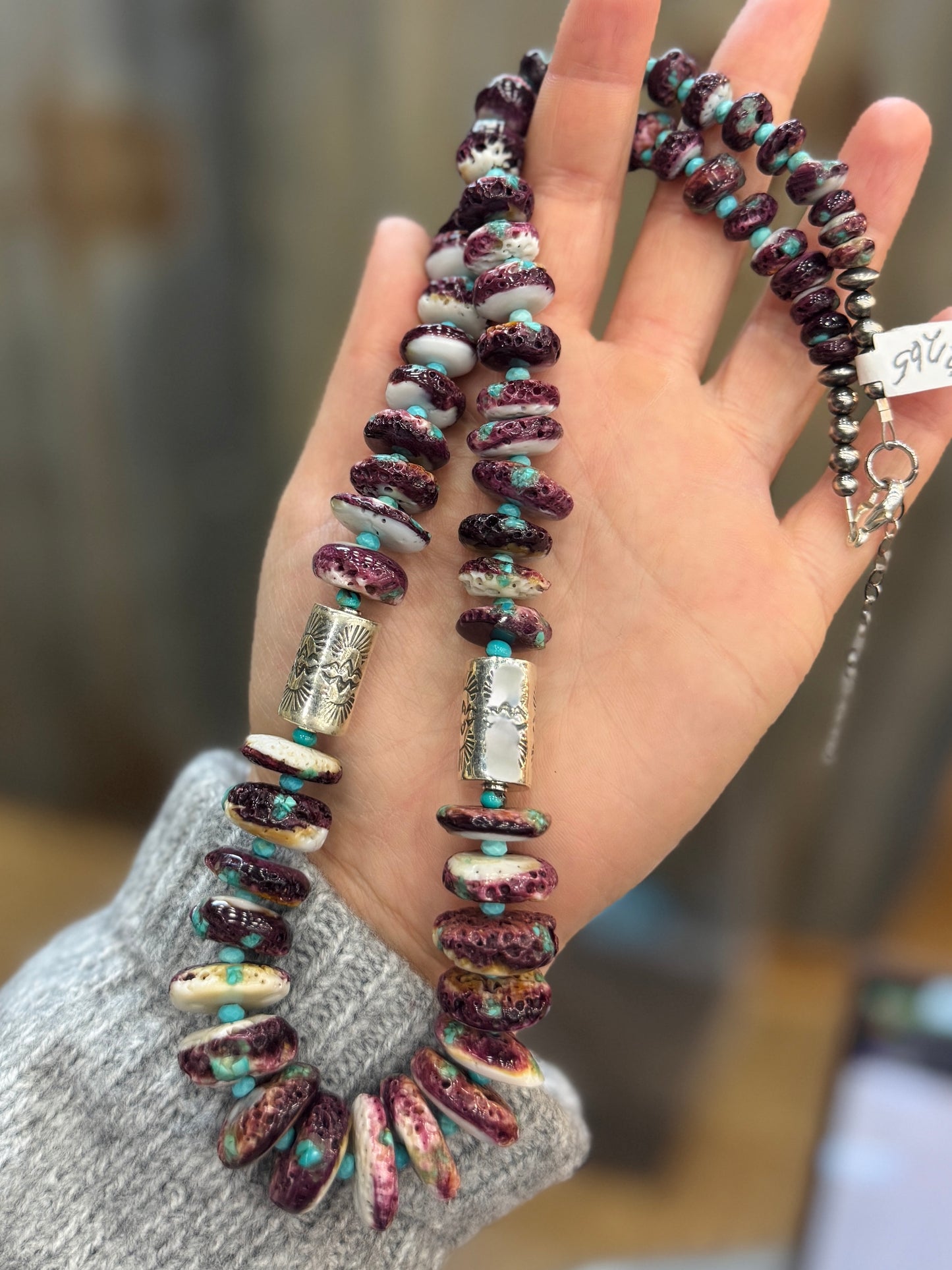 Turquoise & Purple Spiny Chunky Sterling Necklace