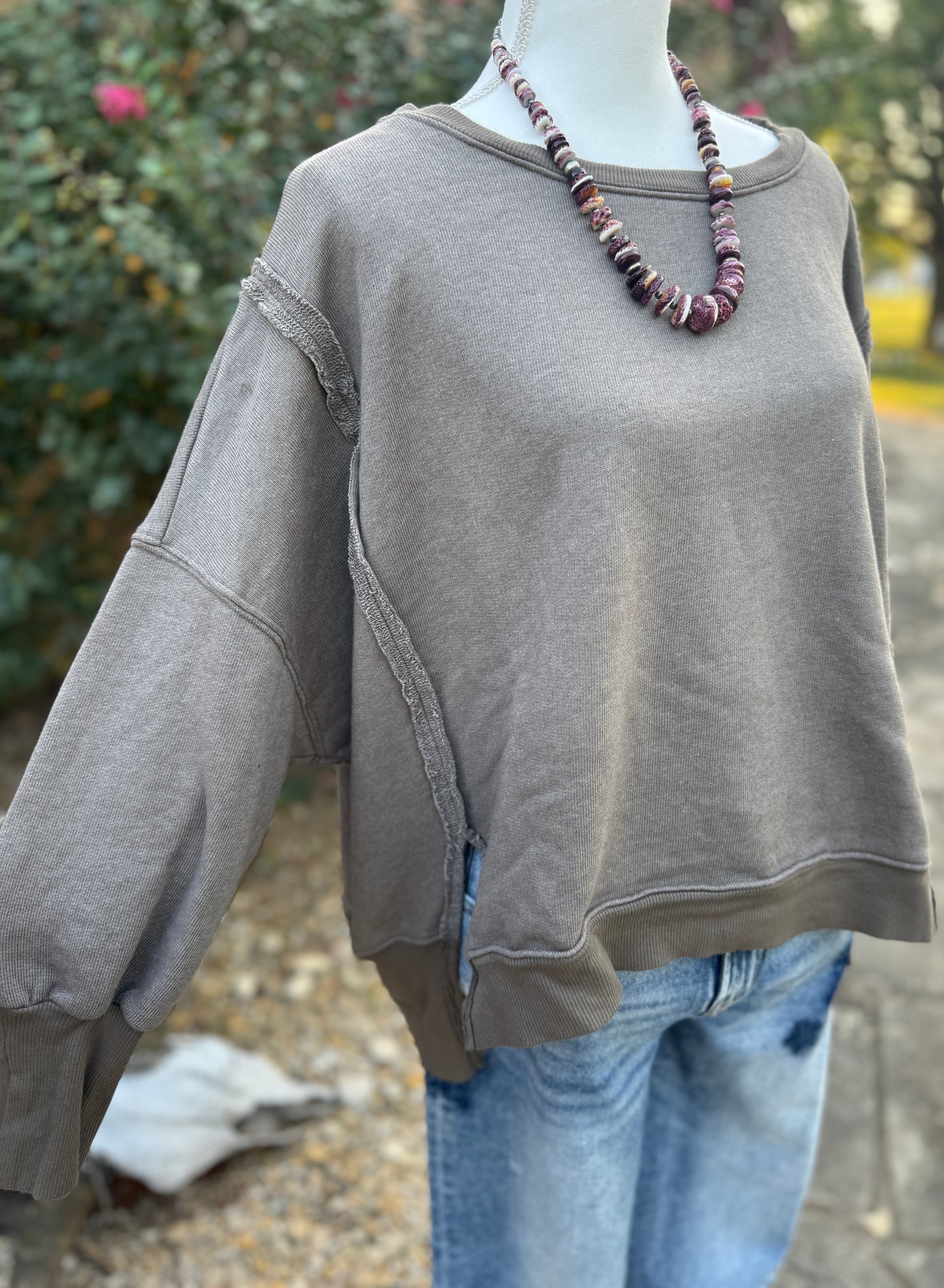 {Mocha} Oversized Raw-Hem Sweater