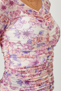 Purple Floral Lace Ruched Top