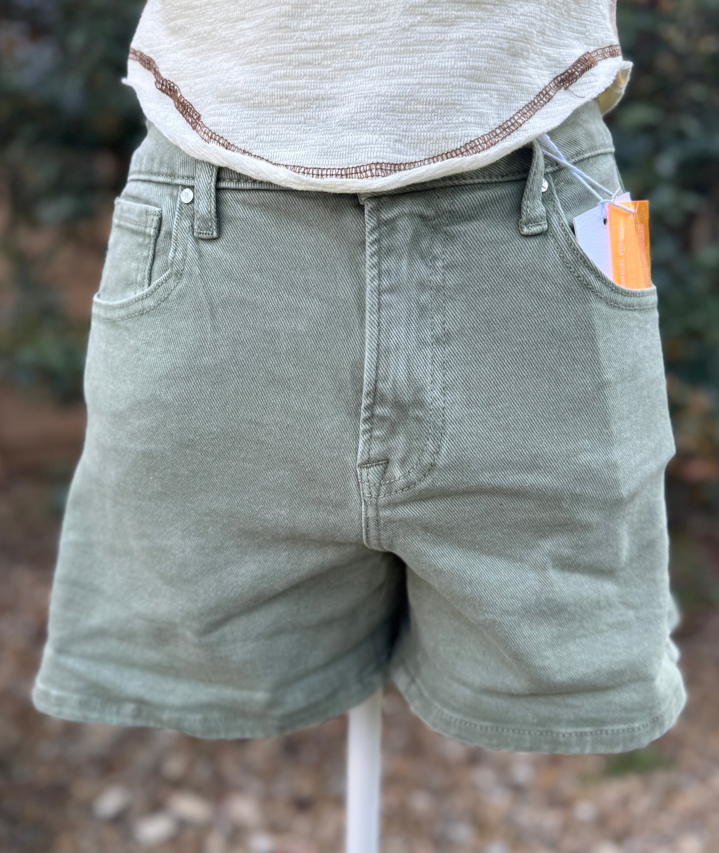 Olive Cuffed Risen Denim Shorts