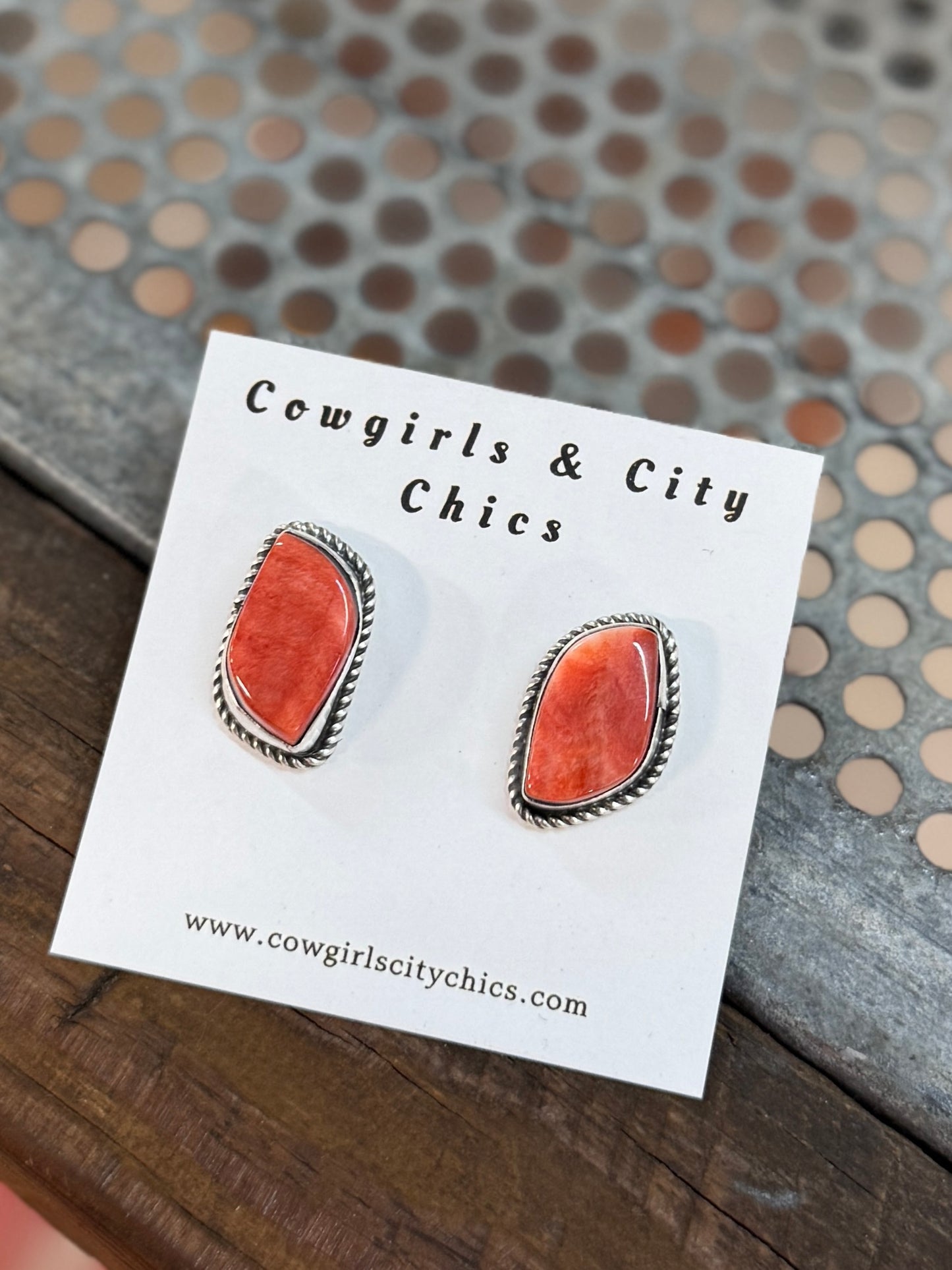 Red Spiny Silver Stud Earrings