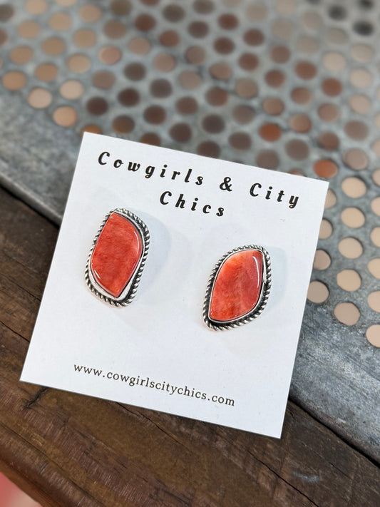 Red Spiny Silver Stud Earrings