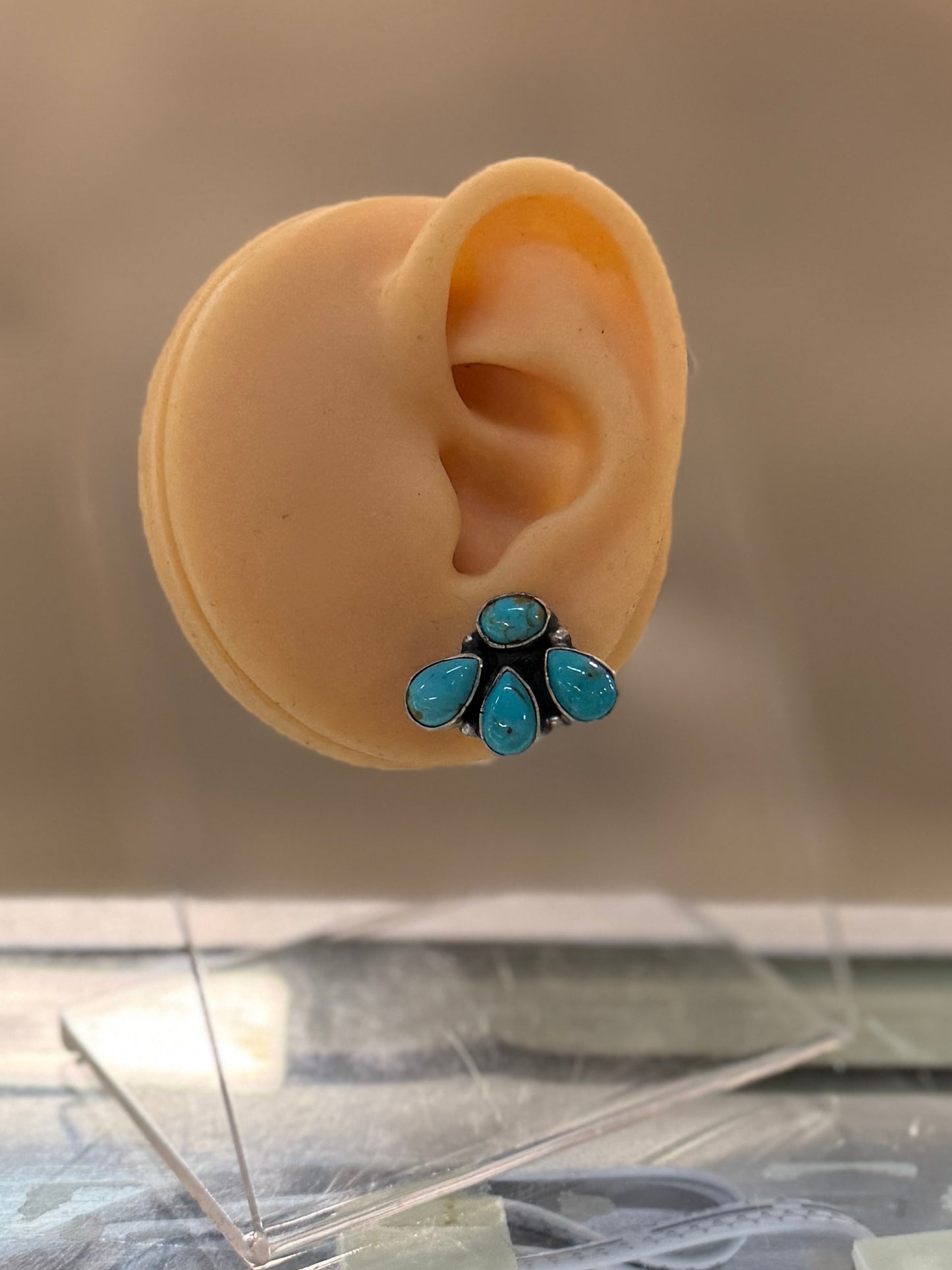 Silver Turquoise Drop Cluster Stud Earrings