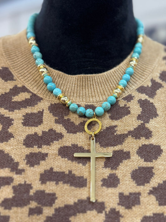 Turquoise & Gold Cross Necklace