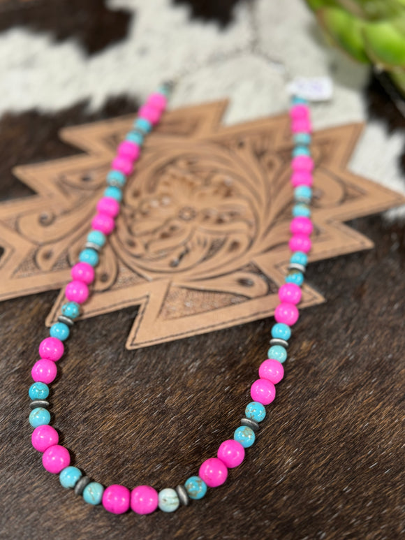 Pink & Turquoise Spacer Pearl Necklace