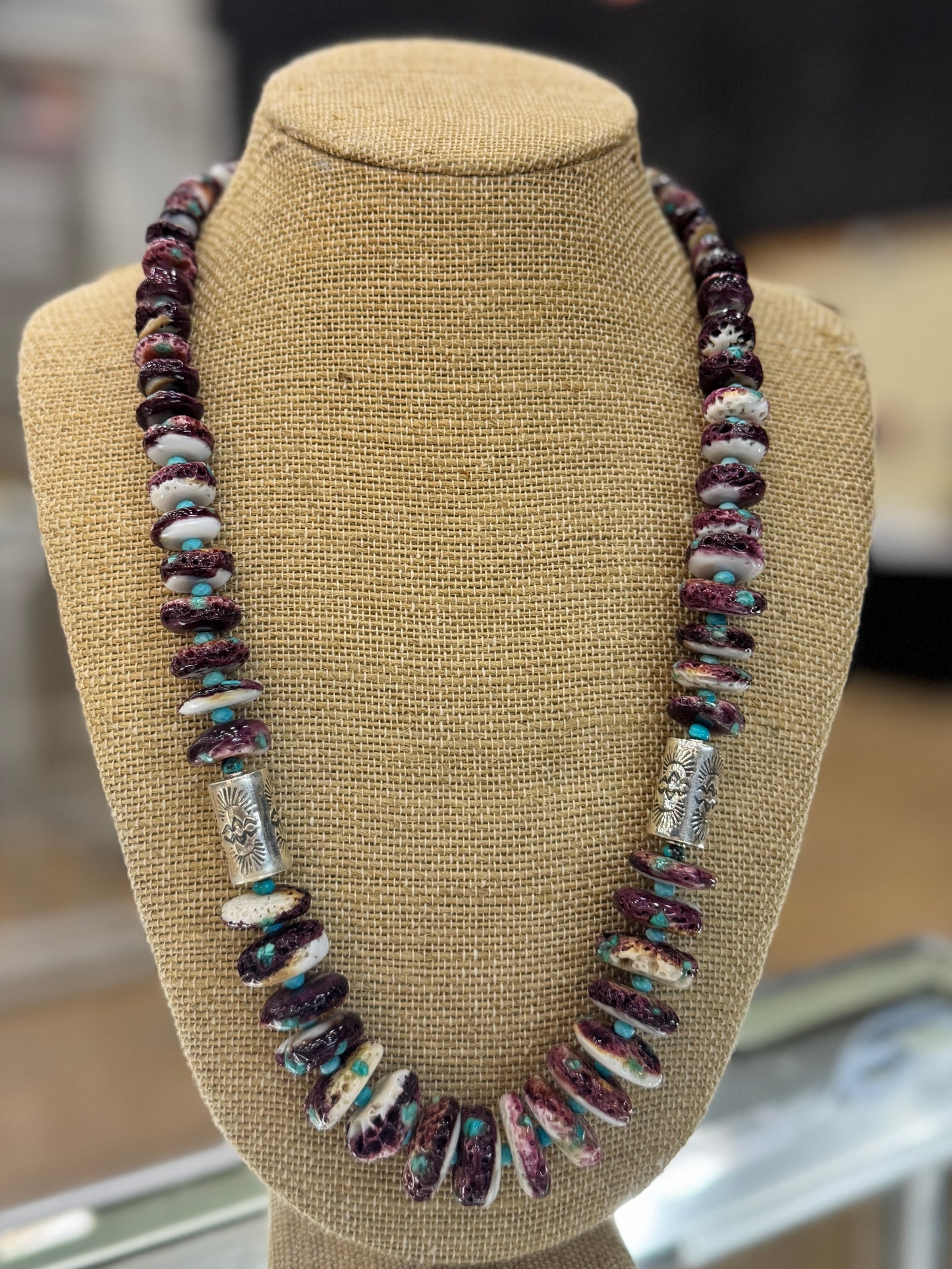 Turquoise & Purple Spiny Chunky Sterling Necklace