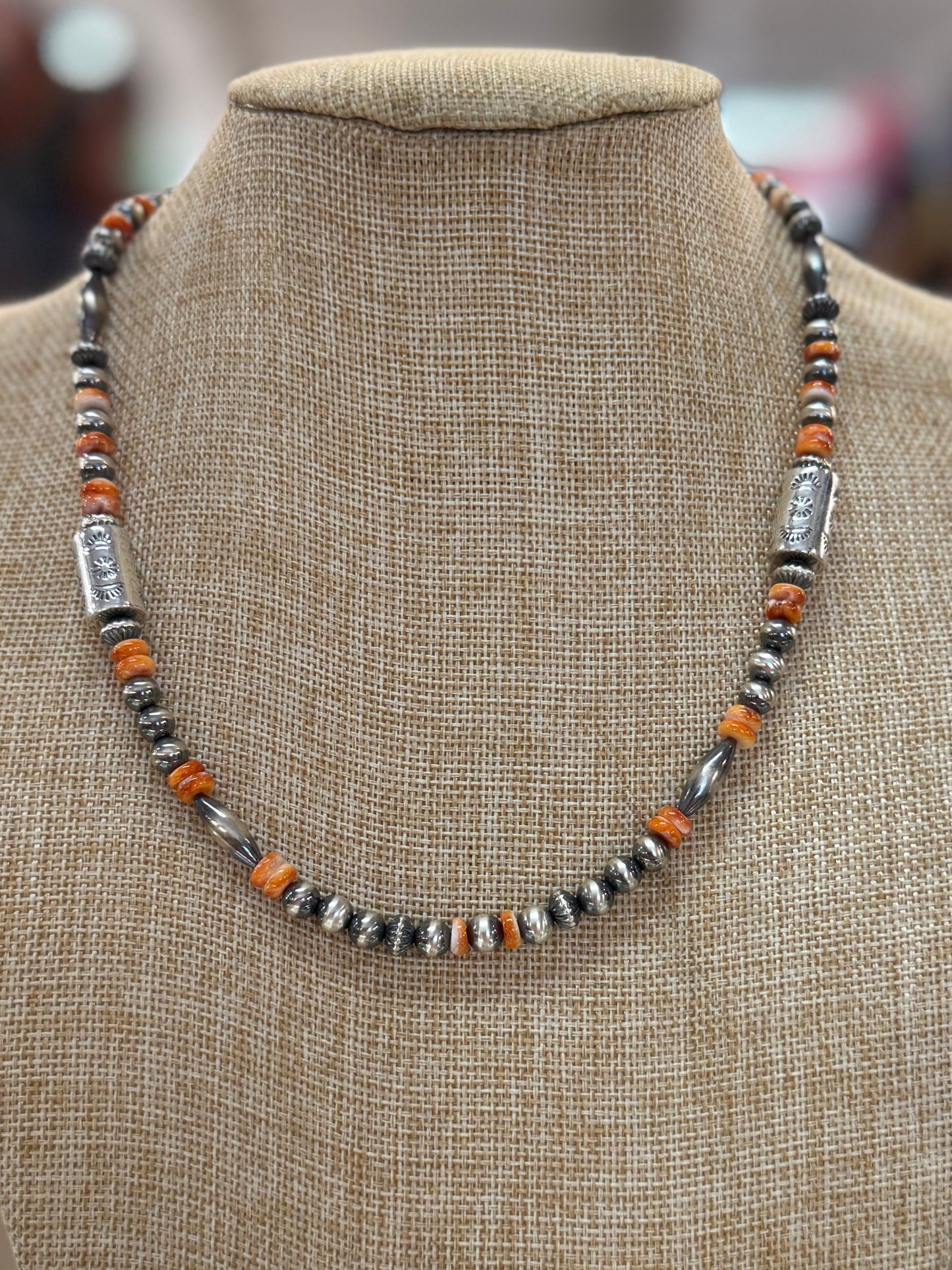 Silver & Spiny Stamped Bead Necklace