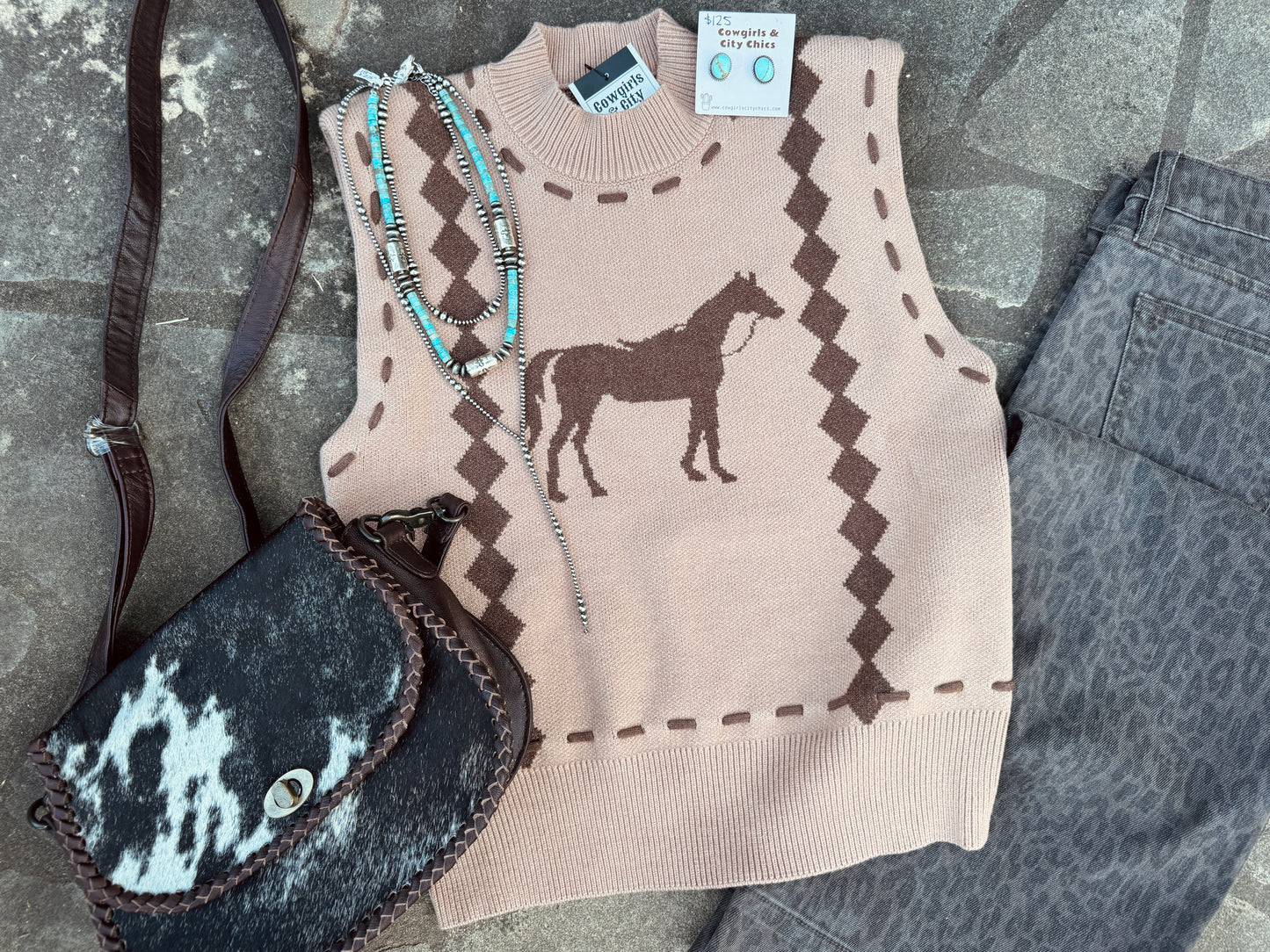 {Brown} Sleeveless Horse Knit Top