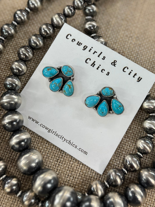 Silver Turquoise Drop Cluster Stud Earrings