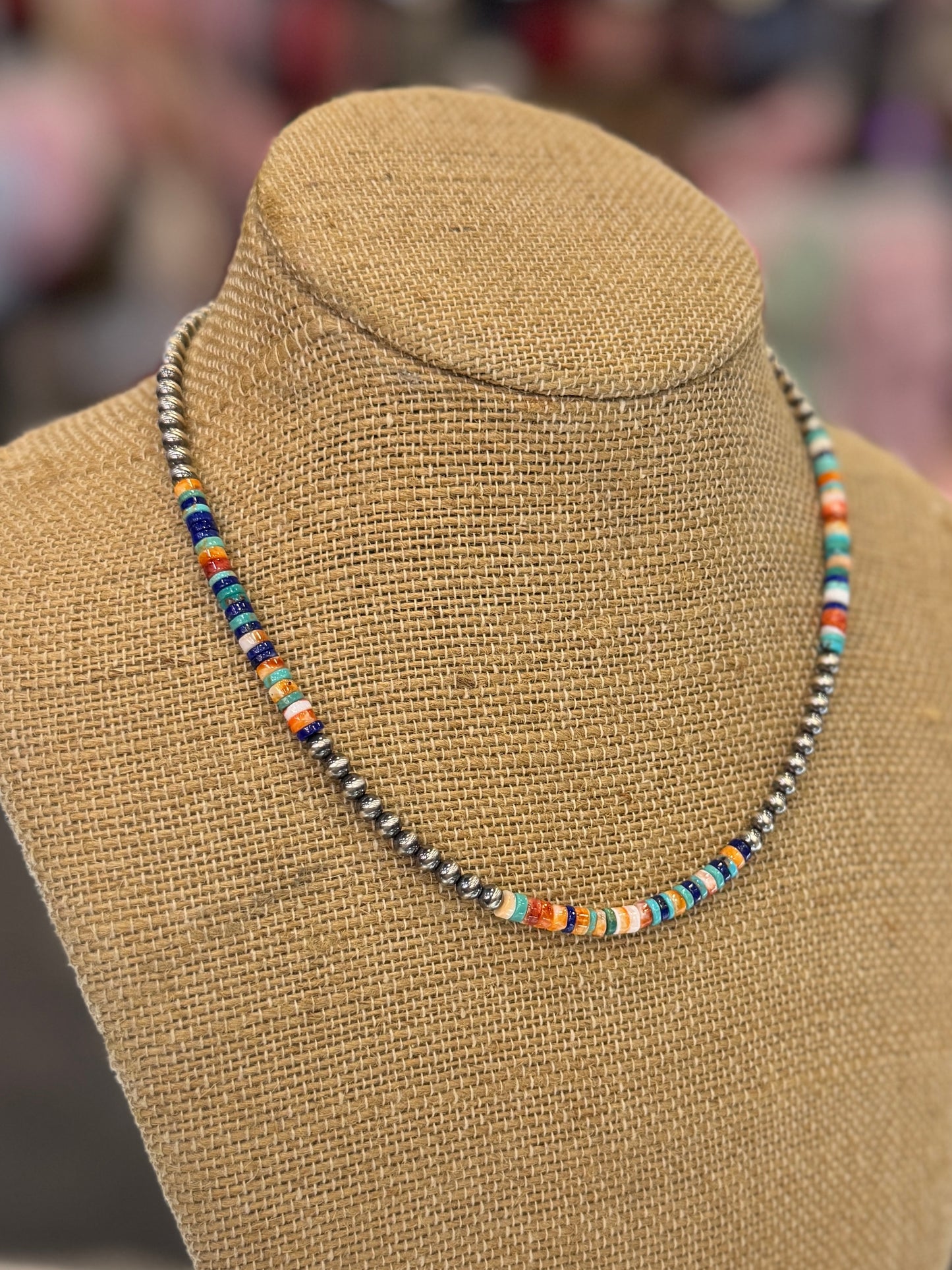 {Austin} Spiny, Lapis & Kingman Silver Bead Necklace