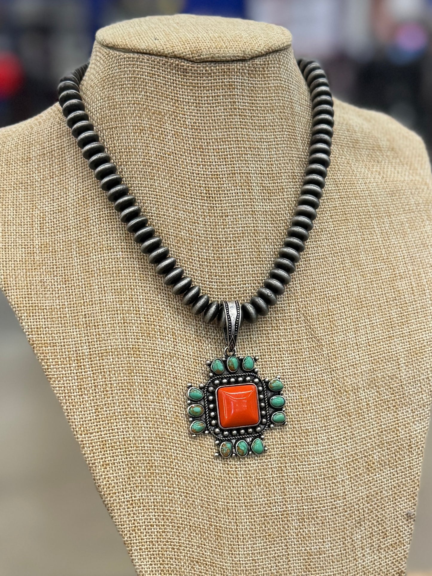 Orange/Gren Pendent Saucer Necklace