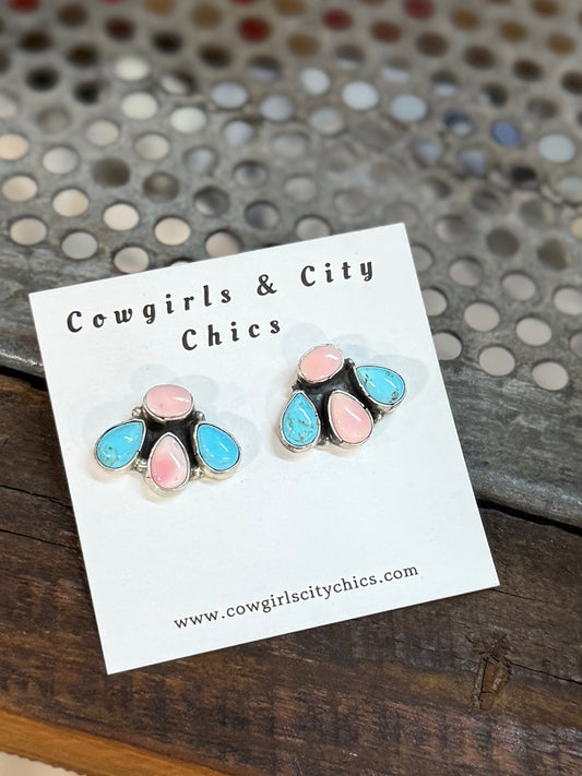 Kingman & Pink Conch Stud Earrings
