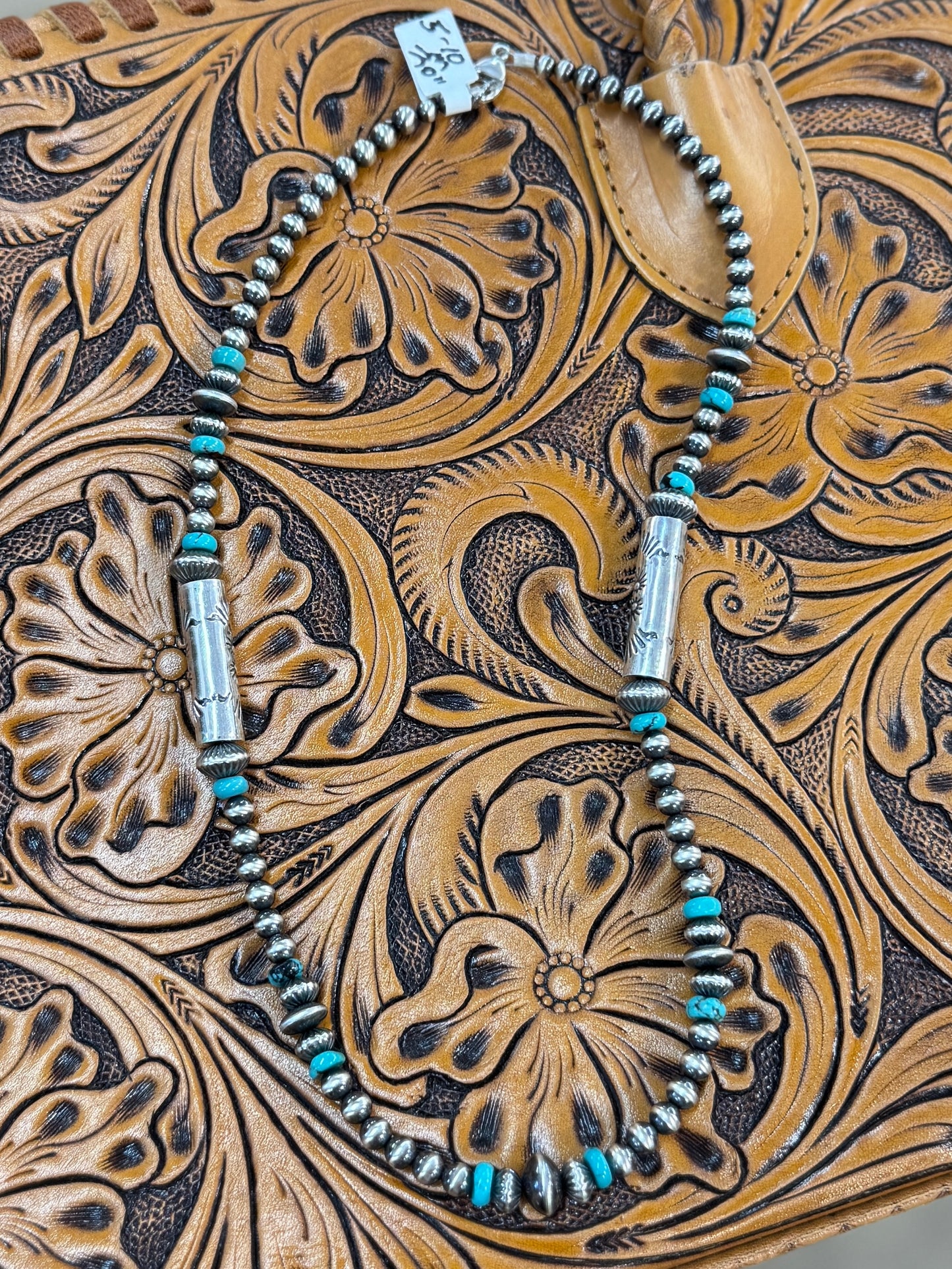 Silver & Turquoise Stamped Bead Necklace