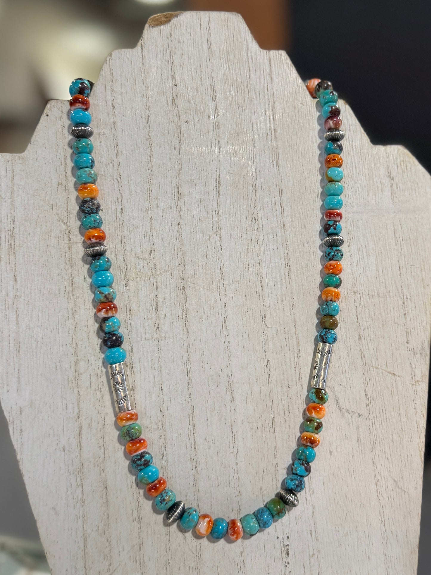 Compressed Spiny Oyster & Silver Barrel Necklace