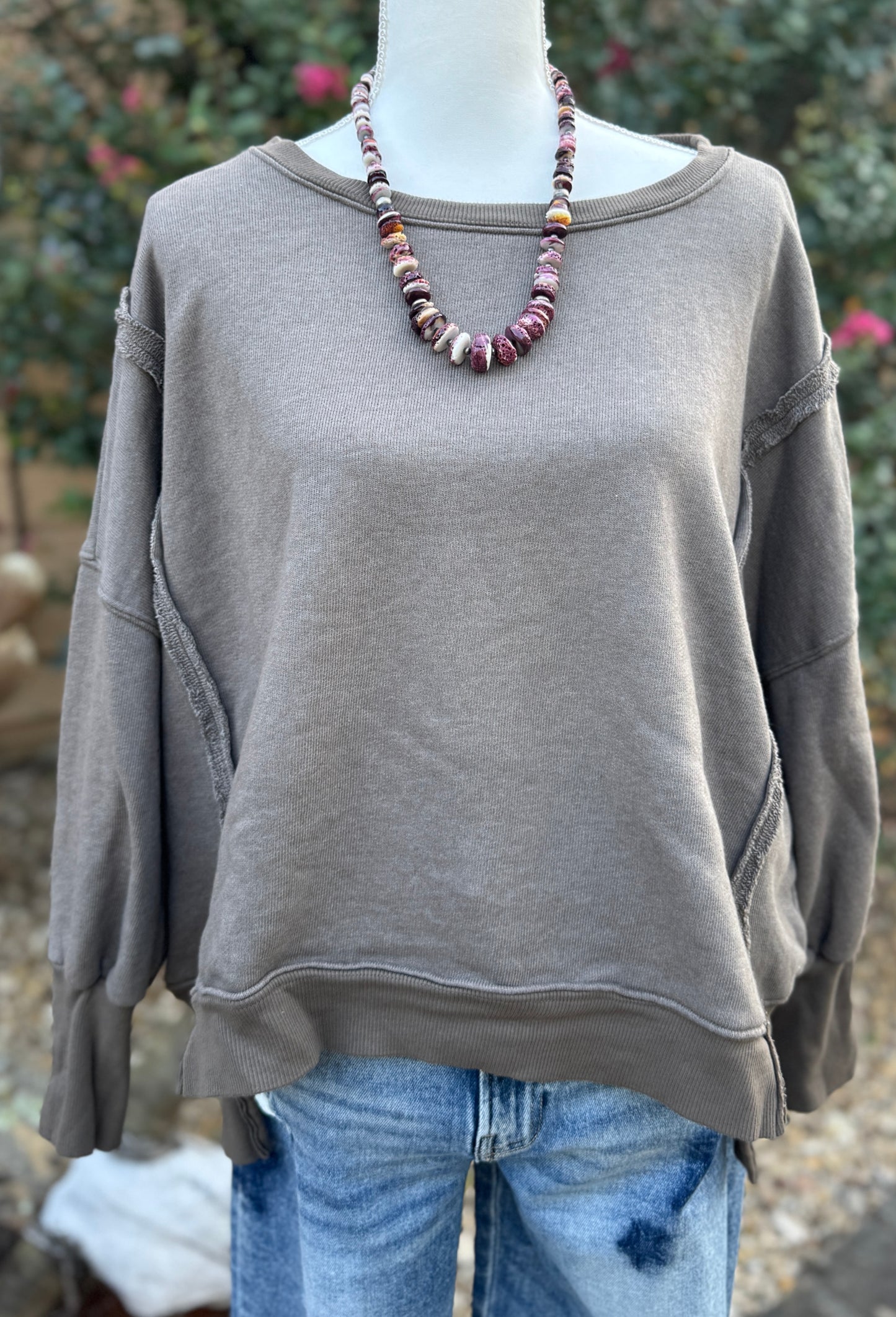 {Mocha} Oversized Raw-Hem Sweater
