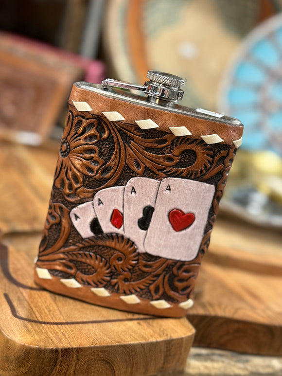 Cards Tooled Leather Flask