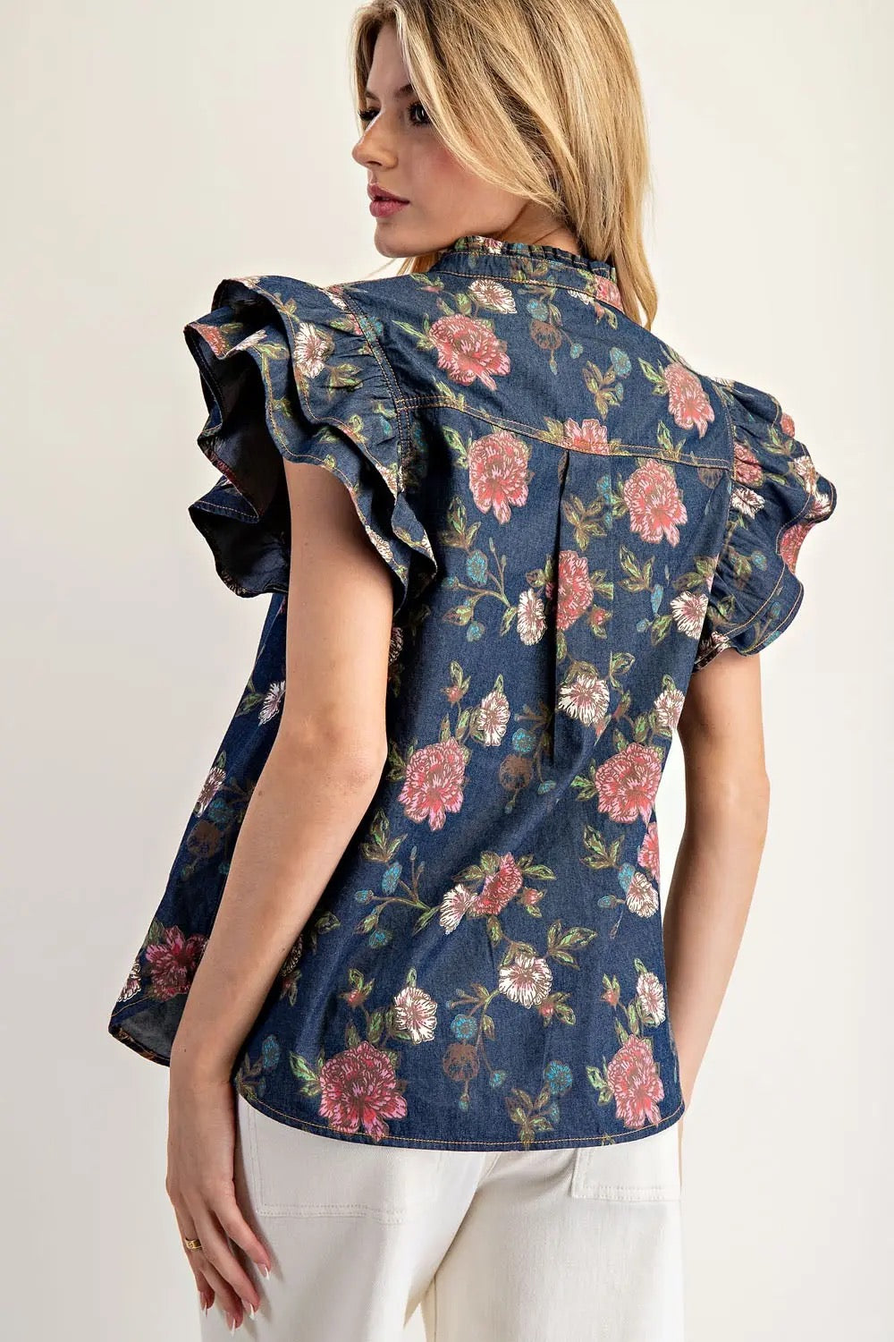 Floral Denim Ruffle Sleeve Top