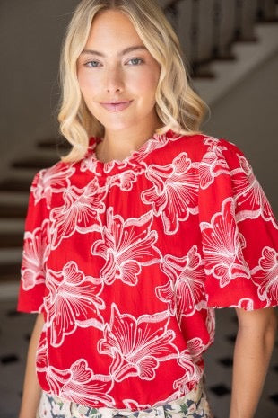 Stitched Red Puff Sleeve Top