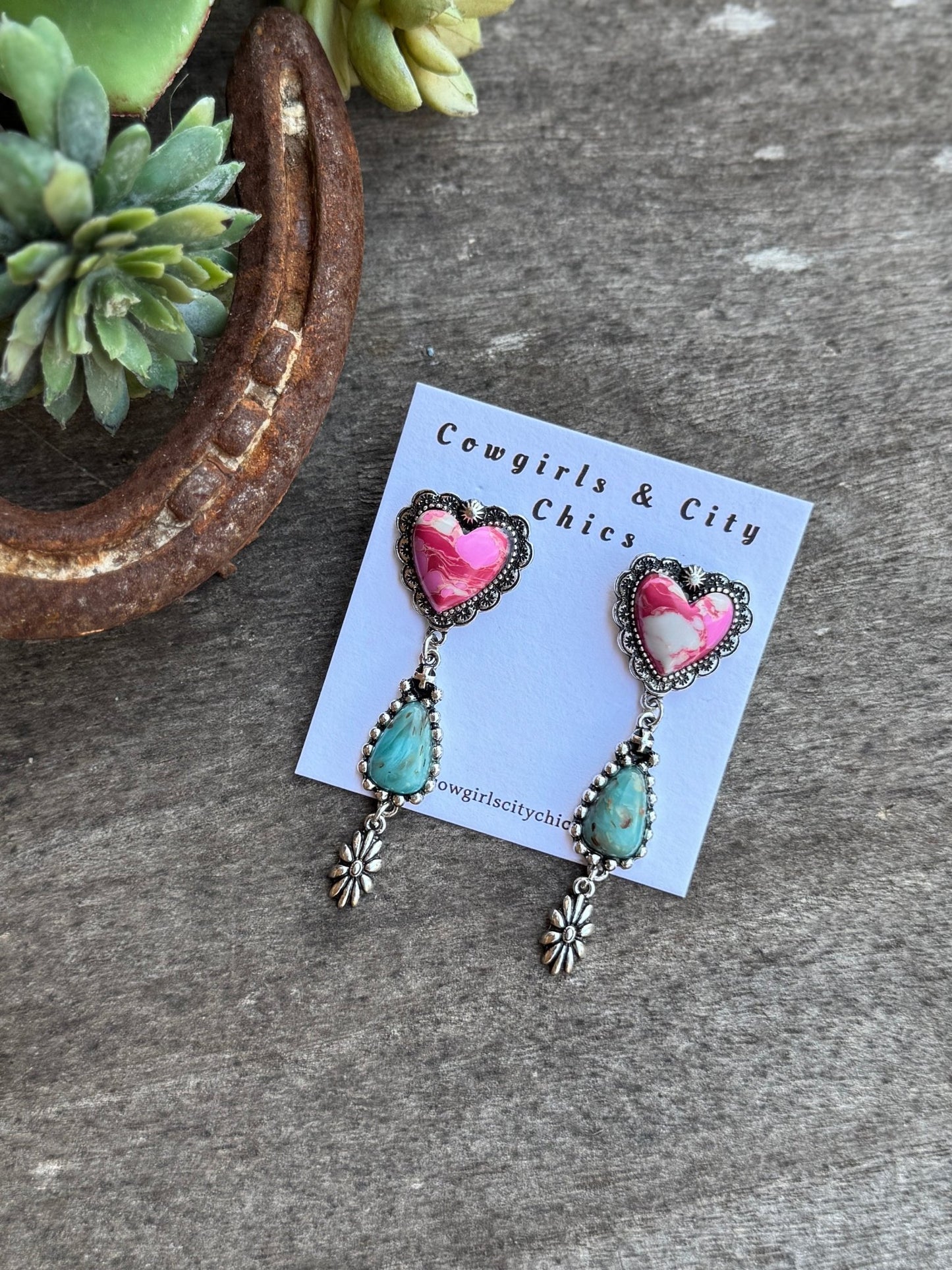 Pink & Turquoise Heart Dangle Earrings - Cowgirls & City Chics