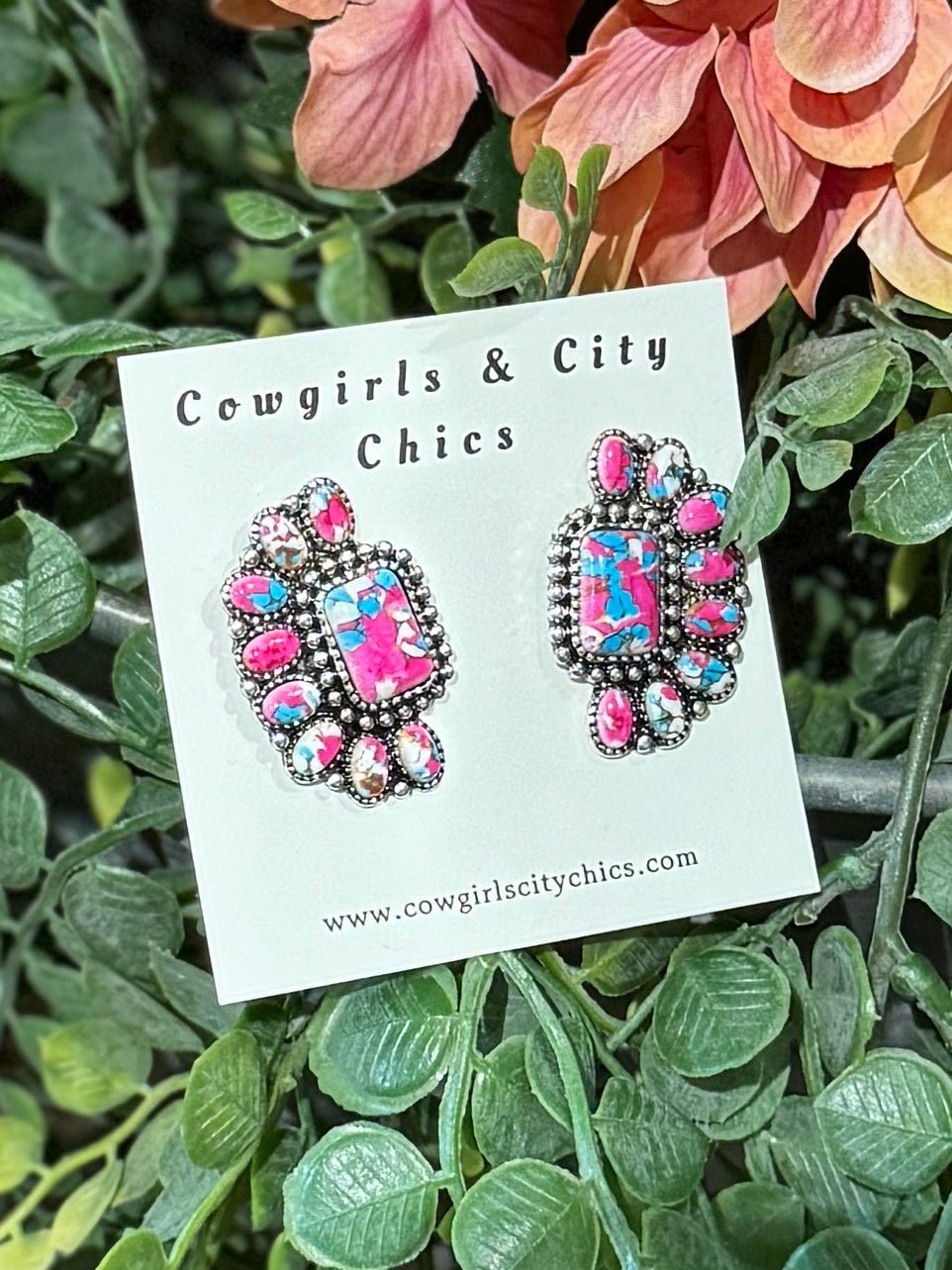 Pink/Blue Side Cluster Earrings - Cowgirls & City Chics