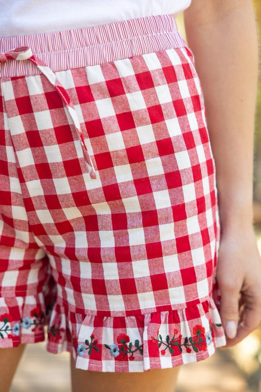 Red Plaid Elastic Waist Shorts - Cowgirls & City Chics