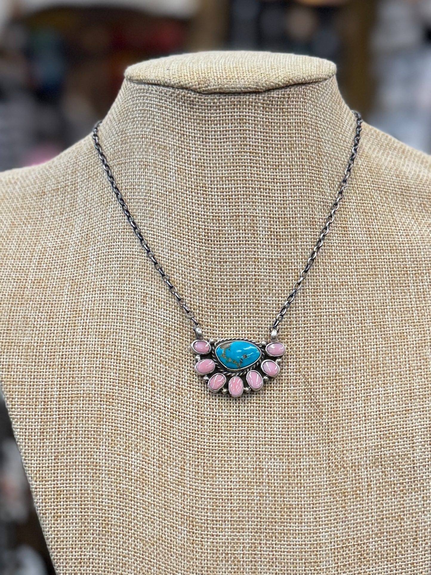 {Cody} Kingman & Pink Conch Stamped Silver Necklace