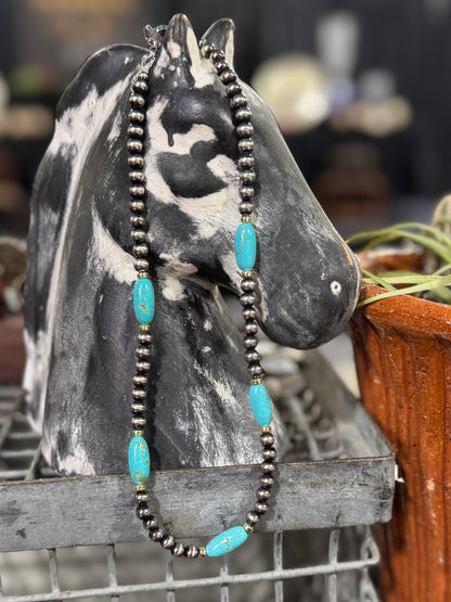 {Beka} Faux Pearl, Gold & Turquoise Necklace