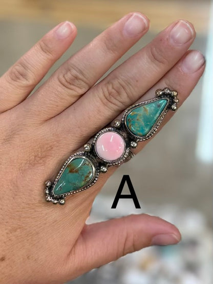 KIngman & Pink Conch Triple Stone Ring