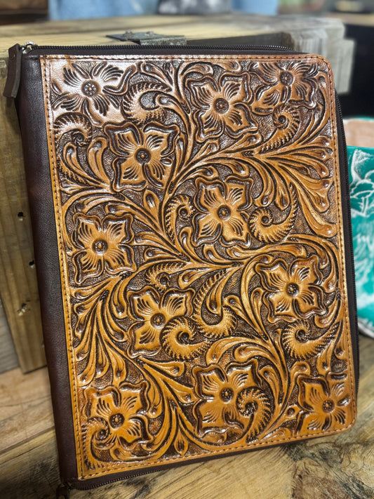 Tooled Leather Zipper Folder
