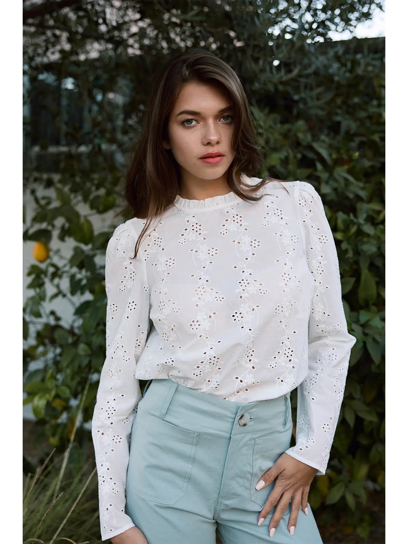 {Miranda} Eyelet Ruffle Neck Blouse