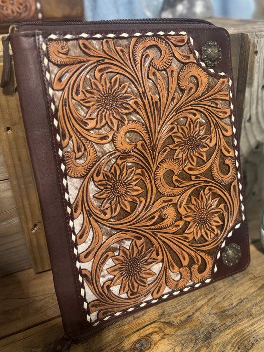 Floral Tooled Leather Zipper Folder