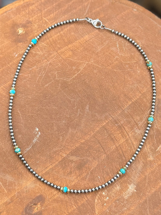 Gold & TQ Sterling Pearl Necklace