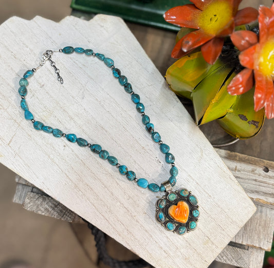 Spiny Oyster Heart & Kingman Neckalce