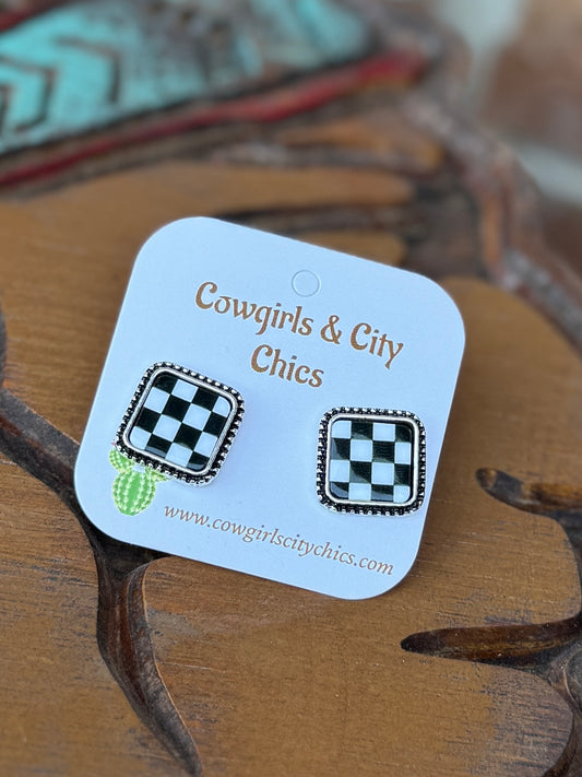 Square Checker Stud Earrings