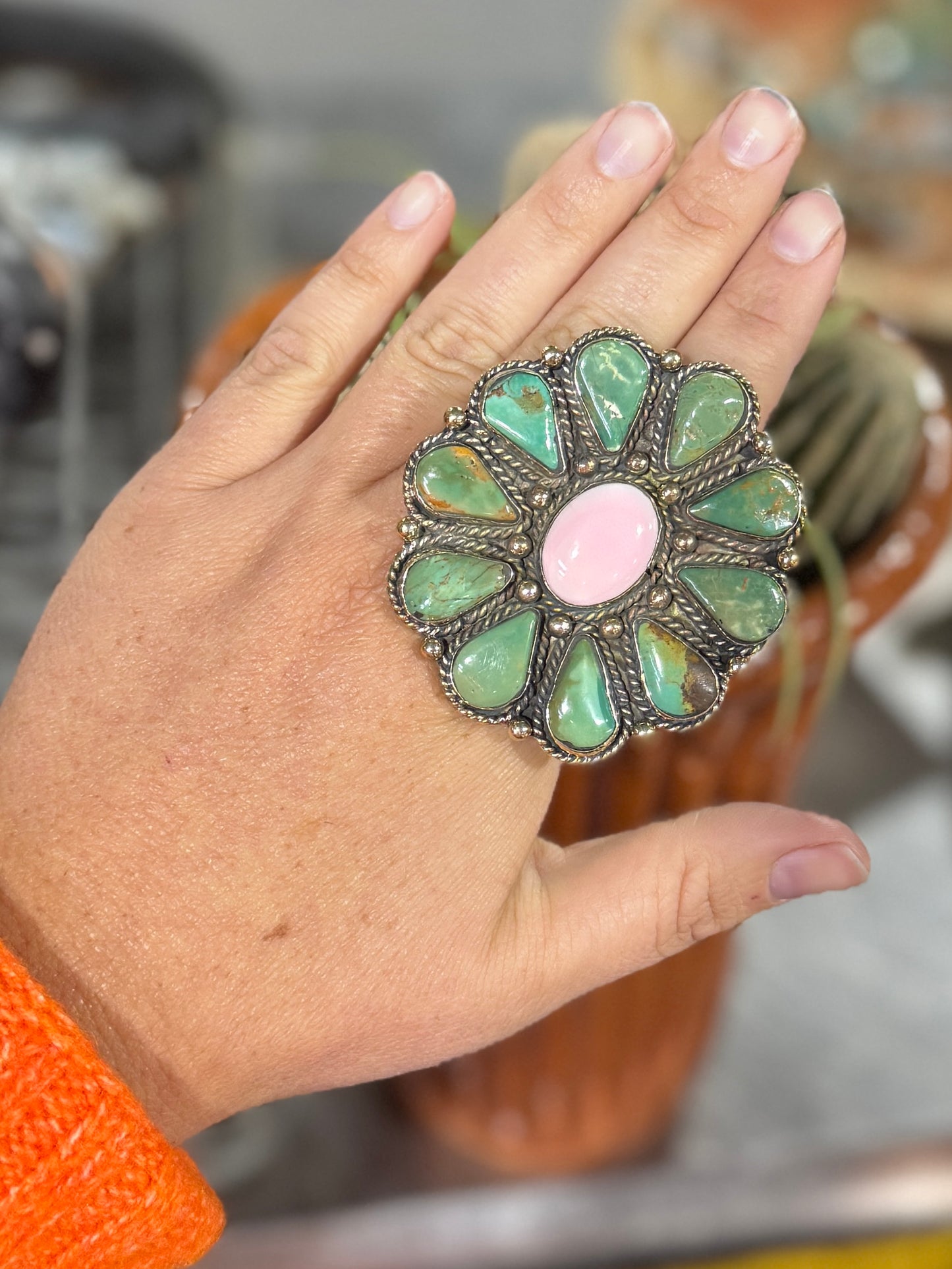 Green Kingman & Pink Conch XL Ring