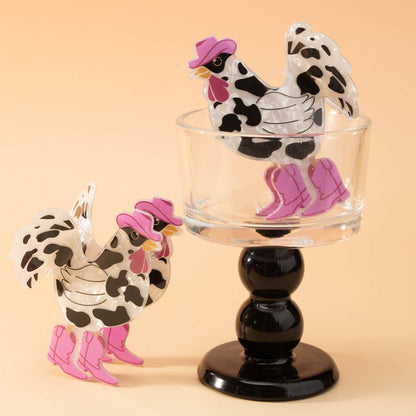 Cow Print Rooster with Western Hat & Boots Hair Claw