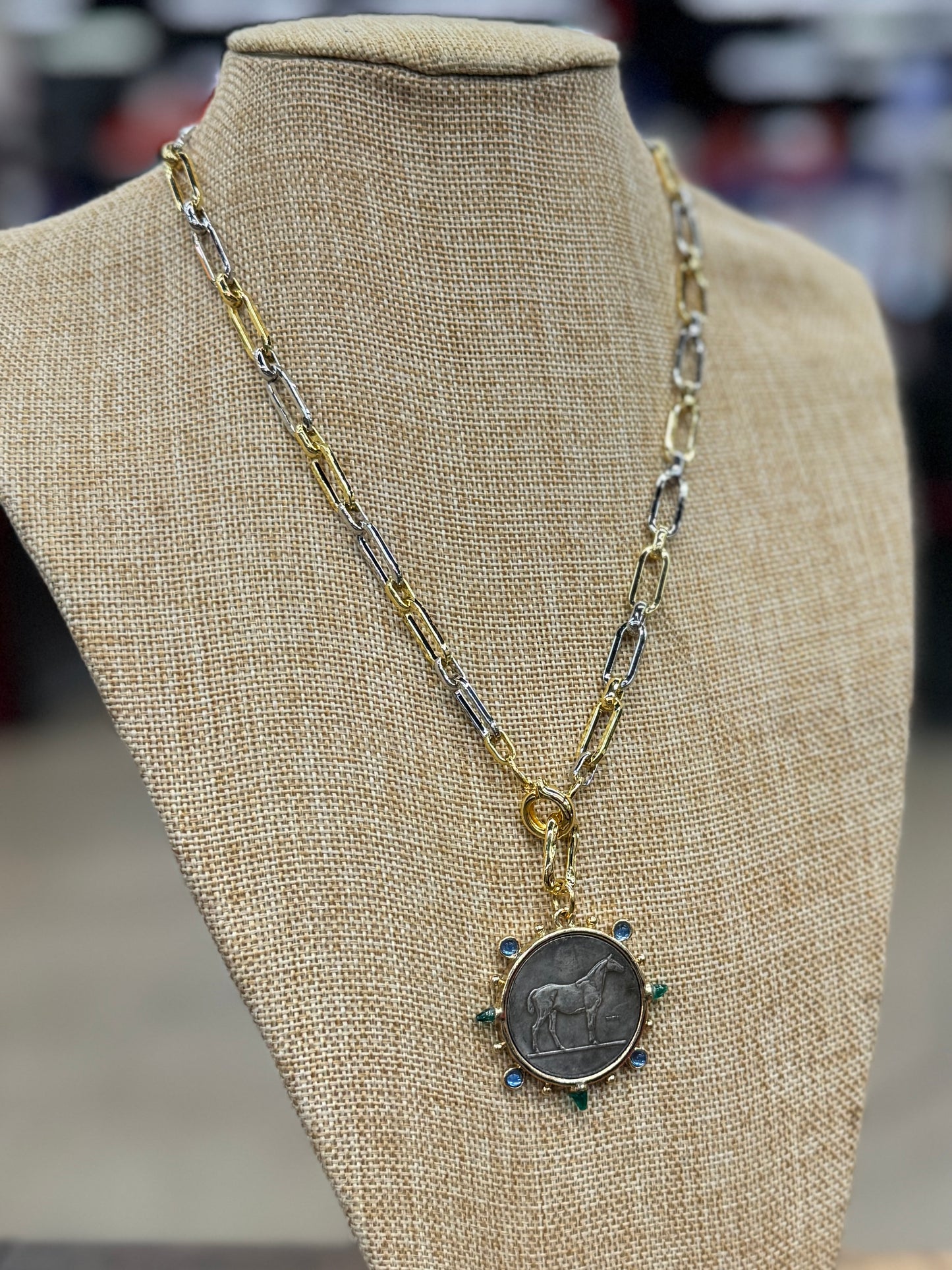 {Jewel} Equestrian Coin Gold Necklace
