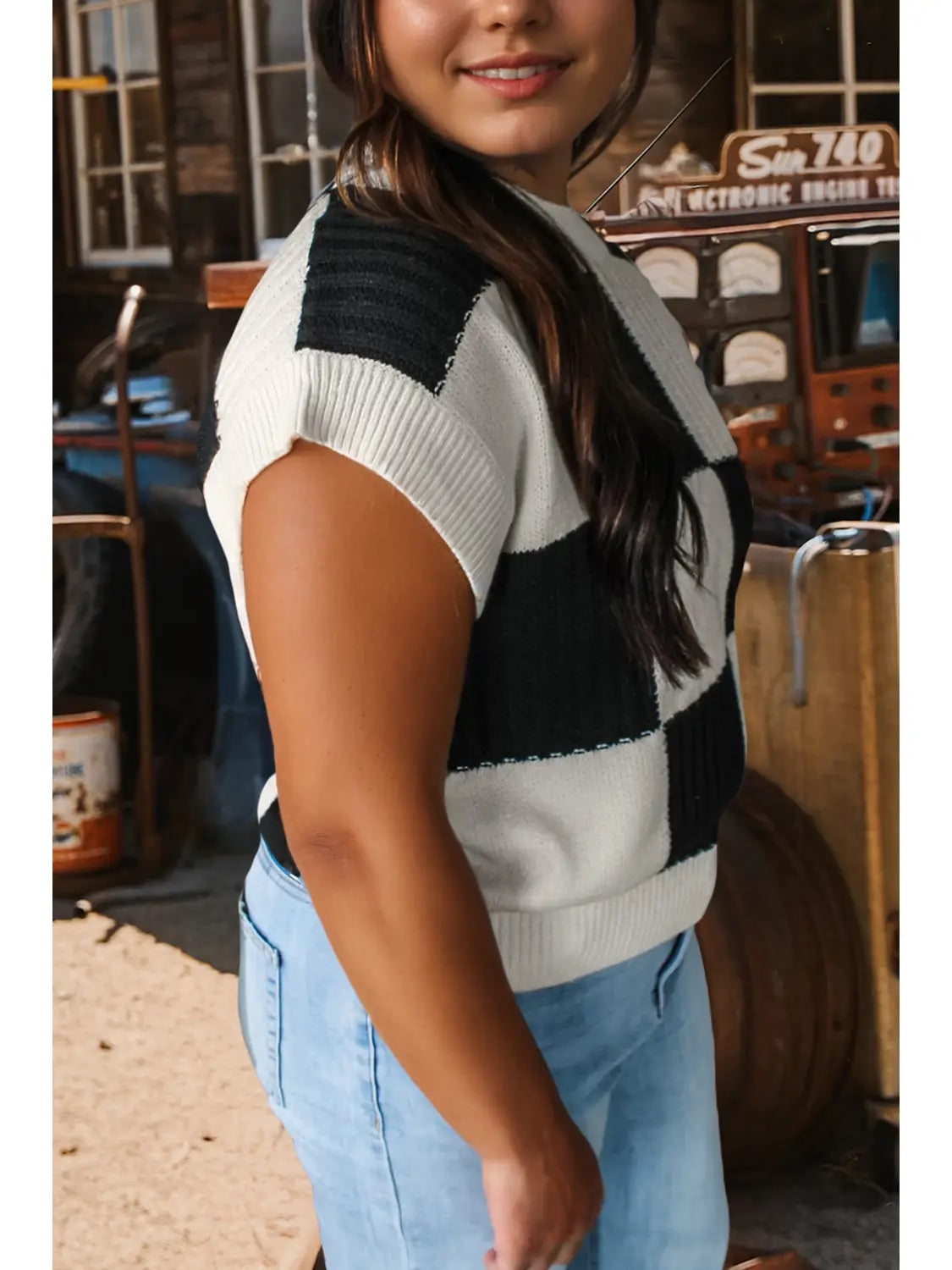 Checkered Color Block Short Sleeve Sweater