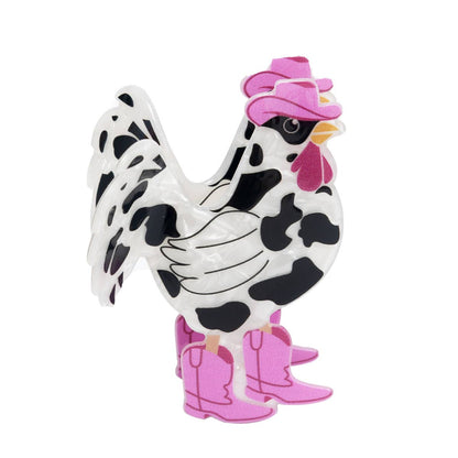 Cow Print Rooster with Western Hat & Boots Hair Claw