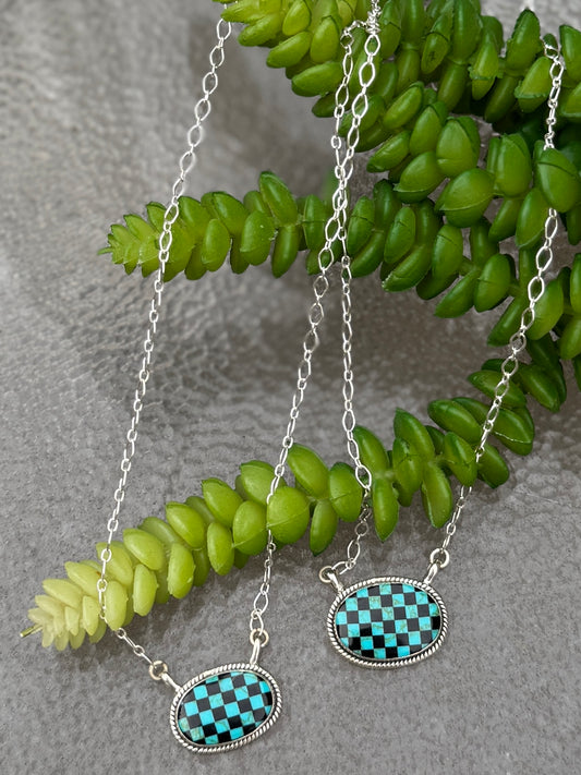 BLK/TQ Inlay Checker Bar Necklace