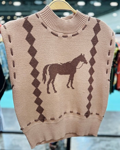 {Brown} Sleeveless Horse Knit Top