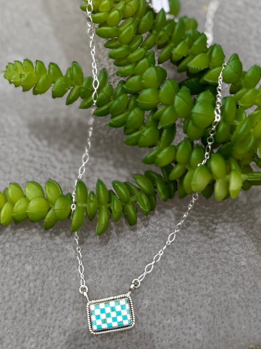 WHT/TQ Inlay Square Checker Bar Necklace