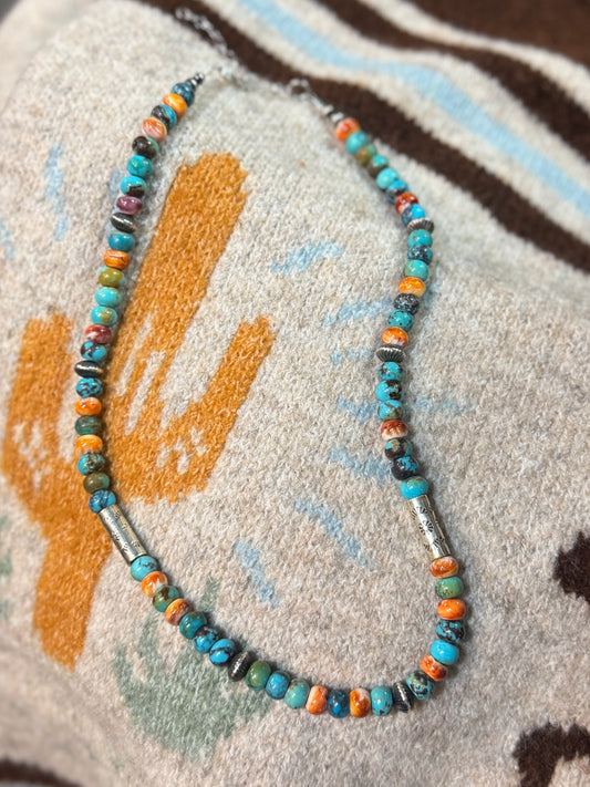 Compressed Spiny Oyster & Silver Barrel Necklace