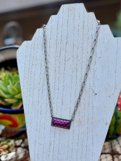 Pink Checkered Bar Necklace