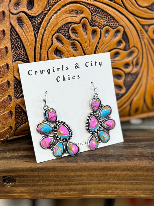Pink & Turquoise Cluster Drop Earrings
