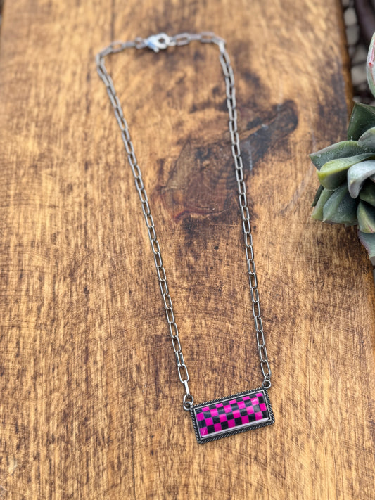 Pink Checkered Bar Necklace