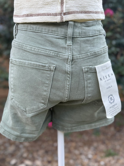 Olive Cuffed Risen Denim Shorts