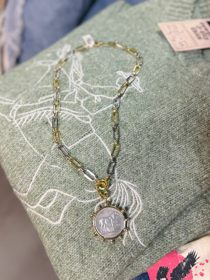 Two-Tone Equestrian Coin Necklace