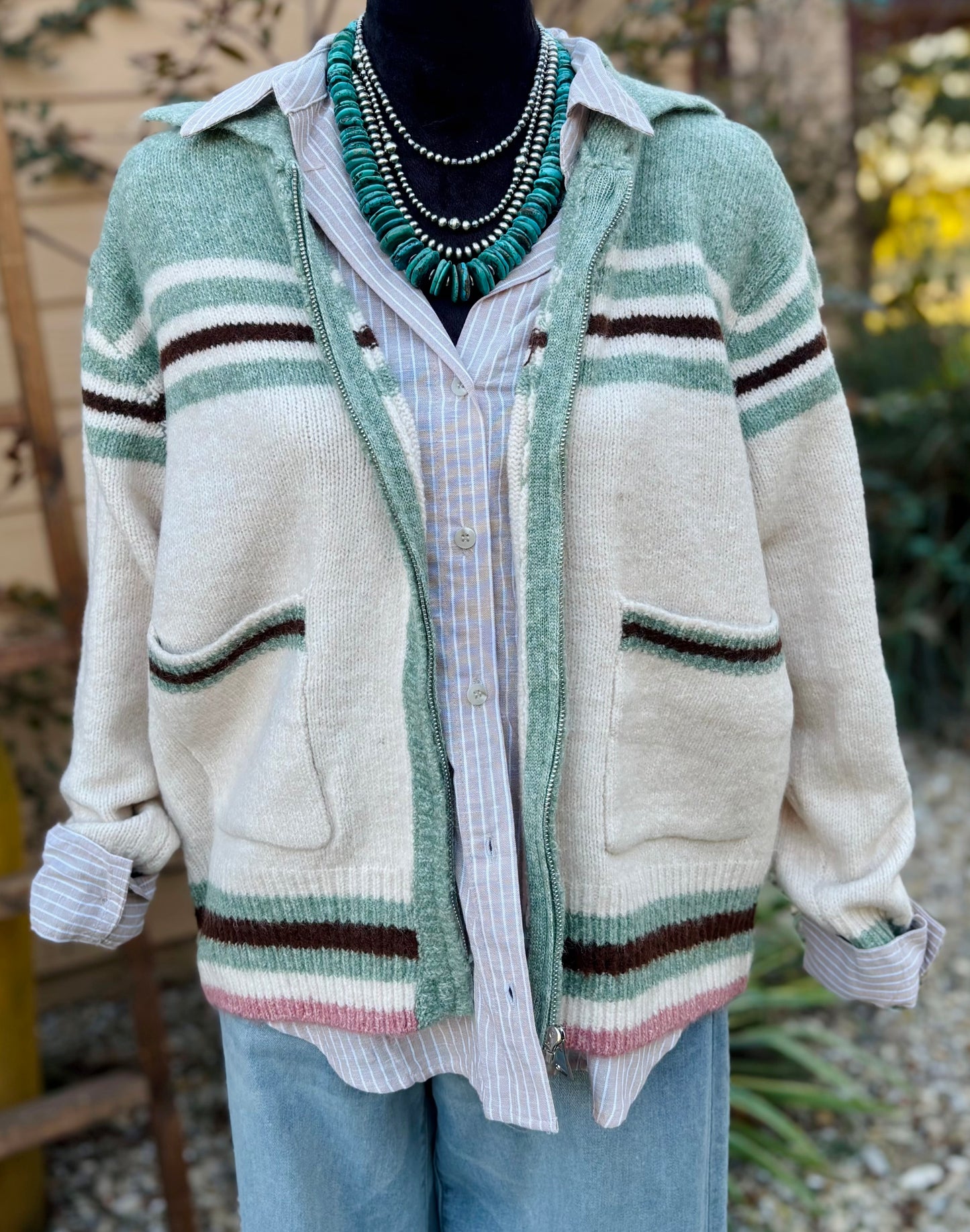 (Green) Cowboy Desert Zip Up Cardigan